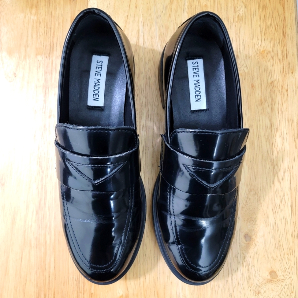 Steve Madden "Leif" Black Patent Penny Loafer.